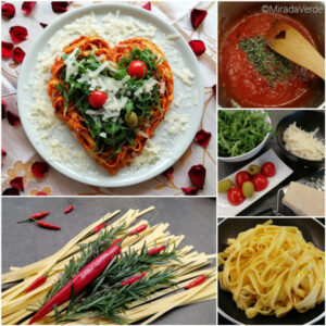 Herz aus Pasta. Fettuccine mit scharfer Tomatensauce, Rucola und Parmesan