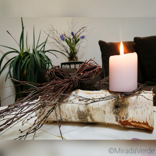 DIY Tischschmuck mit Birke und Kerze zu Maria Lichtmess