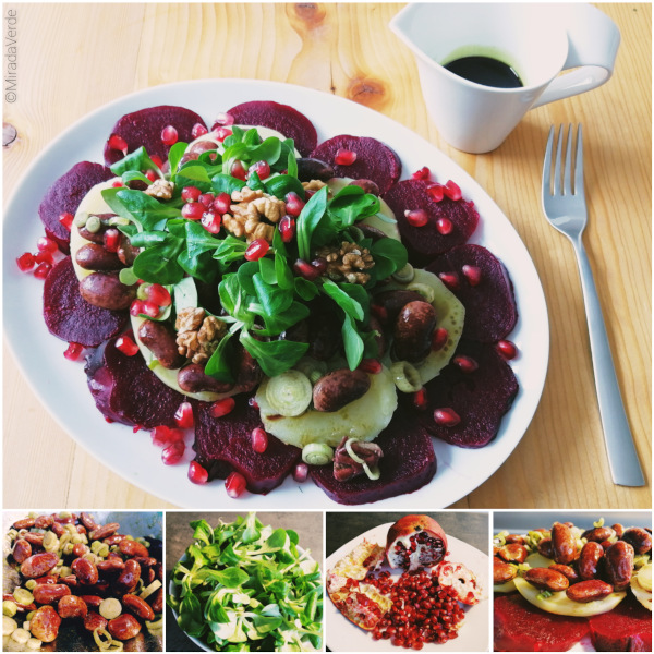 Wintersalat mit Roten Rüben, Kartoffeln, Käferbohnen, Vogerlsalat, Granatapfelkernen und Walnüssen