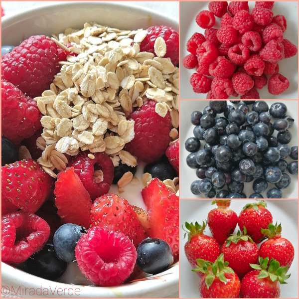 Müsli mit Haferflocken, Himbeeren, Heidelbeeren, Erdbeeren