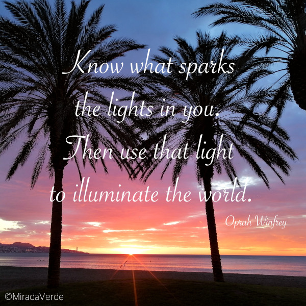 "Know what sparks the lights in you. Then use that light to illuminate the world." Oprah Winfrey. Quote. Zitat. Beach. Sunrise. Palms
