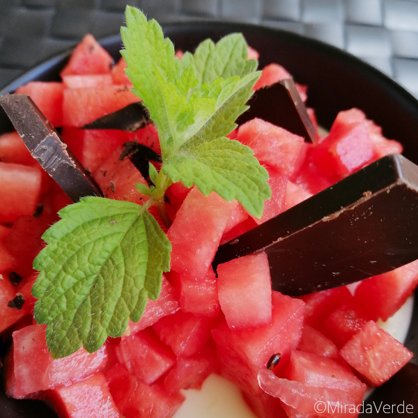 Wassermelonendessert mit Schokolade und Zitronenmelisse