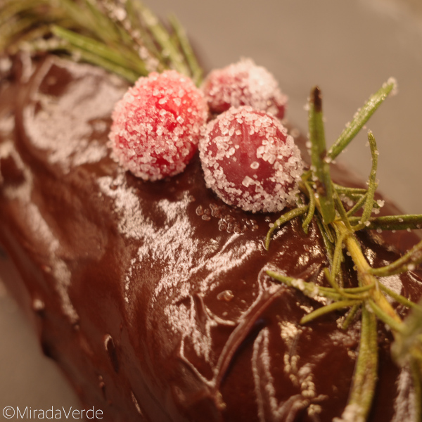 Bûche de Noël, Yule Log, Weihnachtsbaumstamm, Weihnachtsscheit, Julscheit mit kandierten Cranberries und Rosmarin