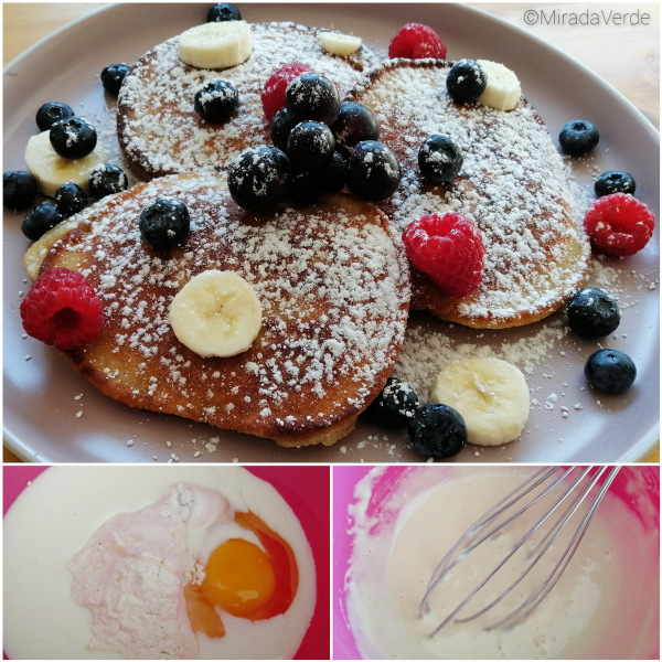 Pancakes, Himbeeren, Heidelbeeren, Banane