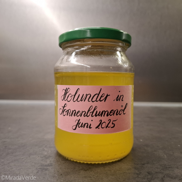 Hautpflegendes Holunderblüten in Sonnenblumenöl ausgezogen