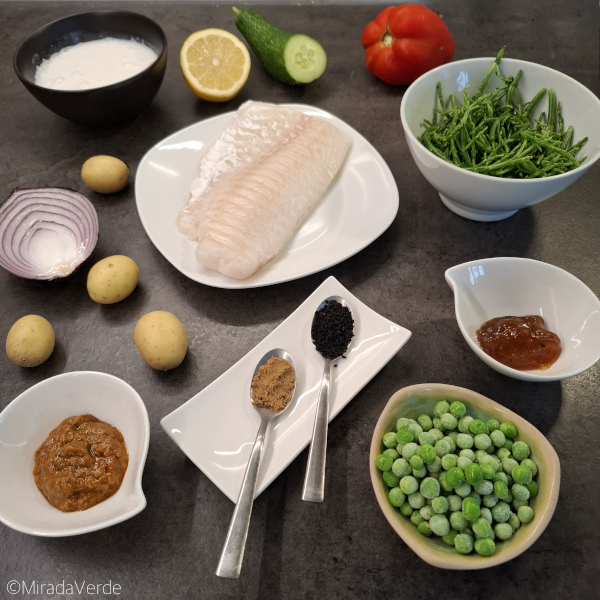 Zutaten für Kabeljau auf Meeresspargelsalat