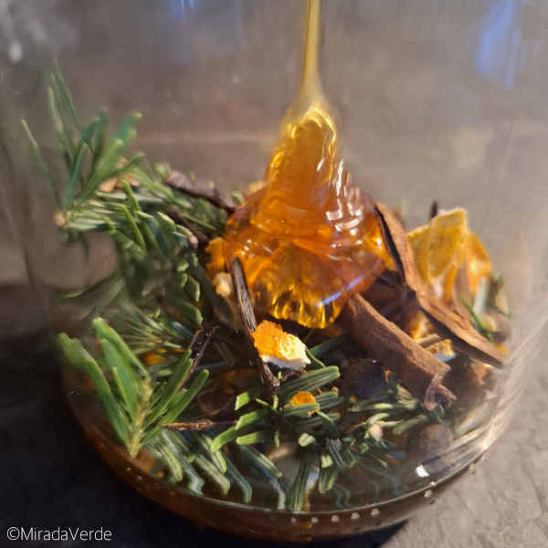 Zimt, Nelken, Piment, Sternanis, Vanille, Orangen, Tanne mit Honig übergießen