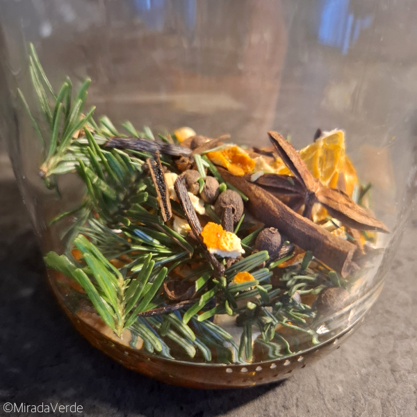Zimt, Nelken, Piment, Sternanis, Vanille, Orangen, Tanne im Honigglas