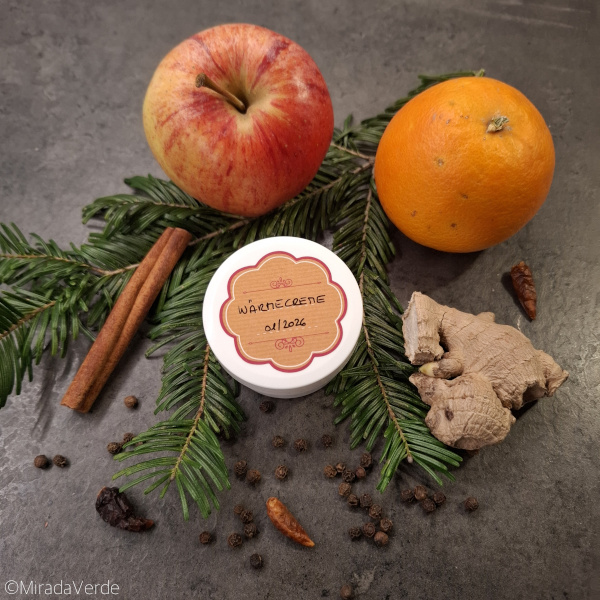 Wärmende Wintercreme für Muskulatur. Apfel, orange, Tanne, Zimt, Ingwer, Pfeffer, Chili