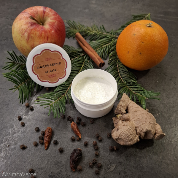 Wärmende Wintercreme für Muskulatur. Apfel, orange, Tanne, Zimt, Ingwer, Pfeffer, Chili