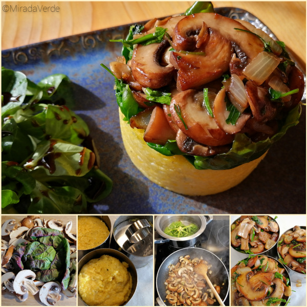 Polentataler mit Kohlsprossentriebe und Champignons