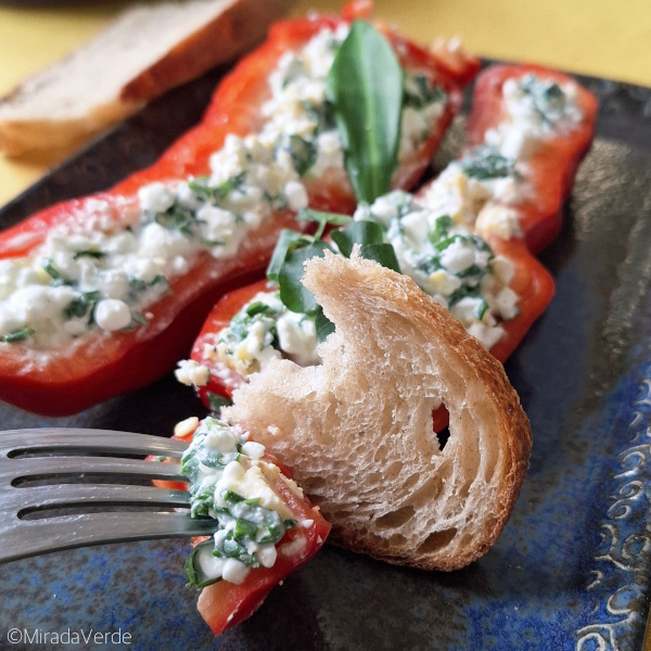 Roten Paprika mit Wildkräuterkäse gefüllt. Bärlauch, Brunnenkresse