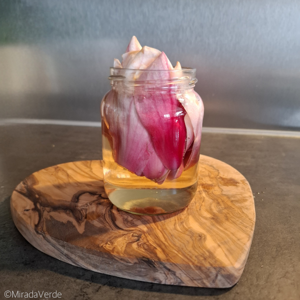 Magnolienblütenblätter im Schraubglas mit Essig übergossen