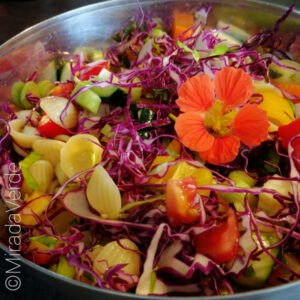 Nudelsalat mit Blaukraut, Kapuzinerkresse