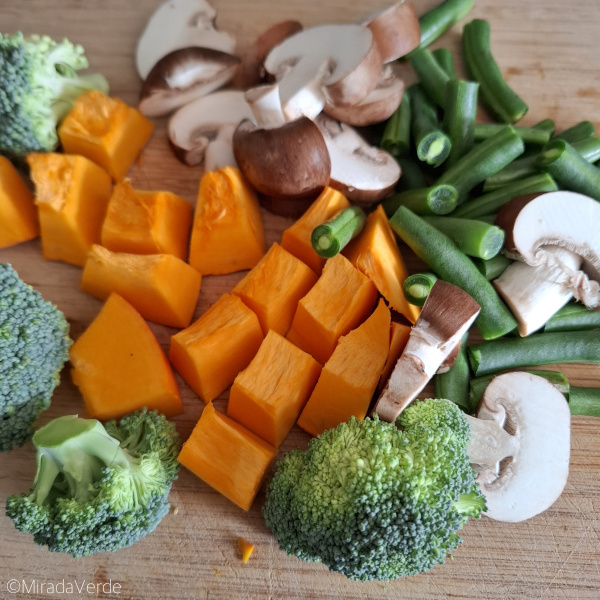 Kürbis, Champignon, Brokkoli, Fisolen